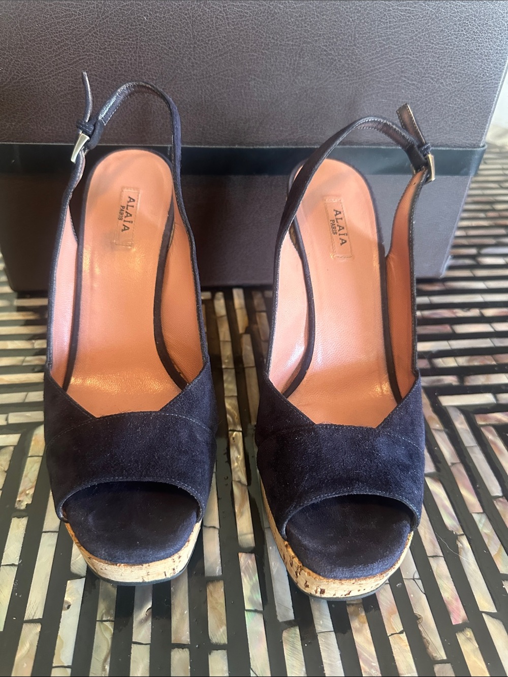 Alaïa Navy Blue Suede Lori Cork Platform Slingback Wedges 👠👠